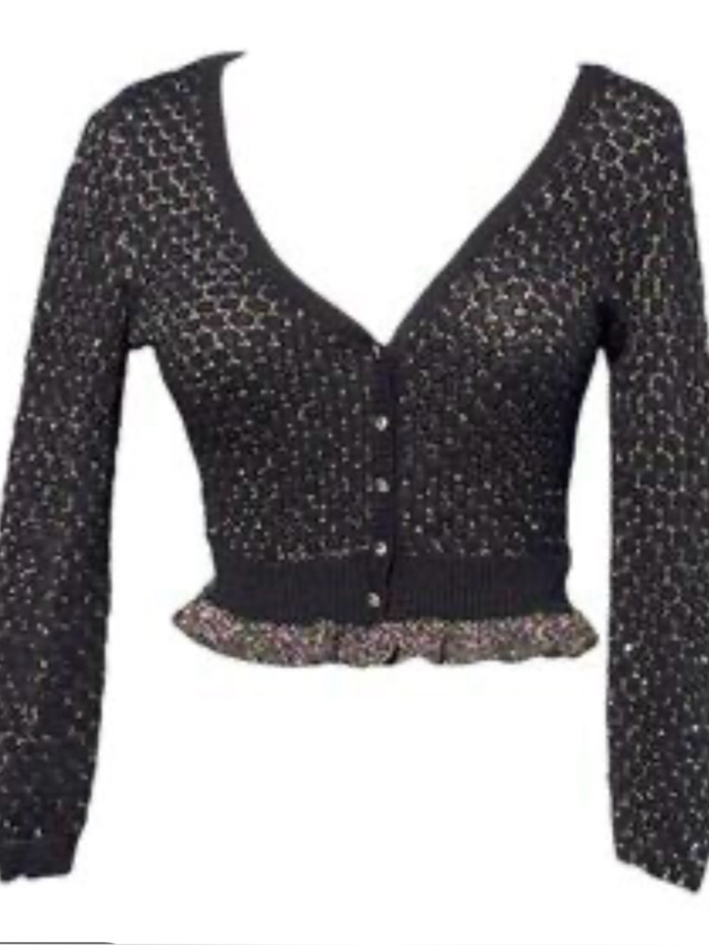 Vintage Betsey Johnson Y2K Ruffle Black Metallic Gold Cardigan Sweater Cropped S